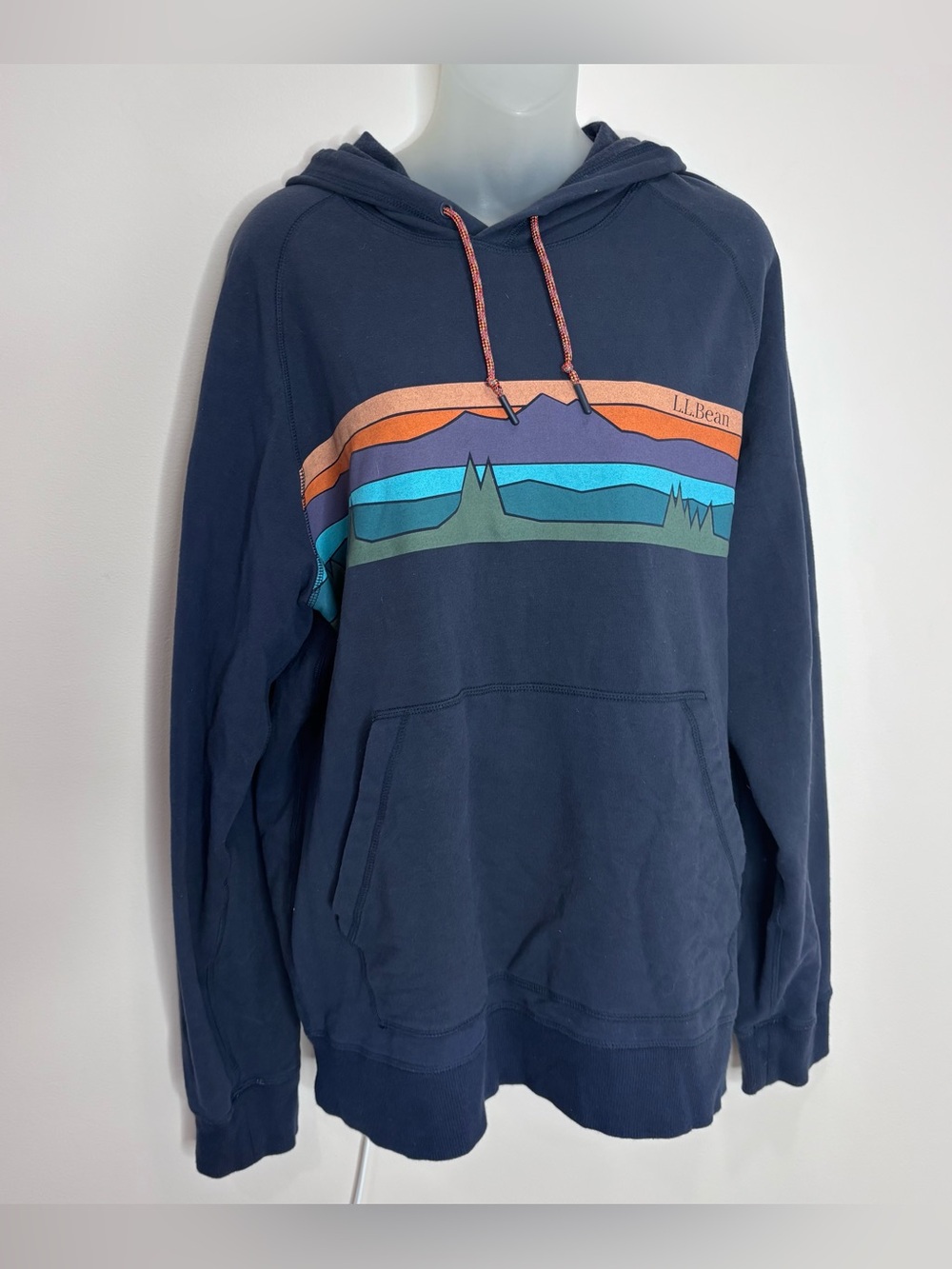 L.L. Bean Navy Hoodie large Orange Blue Green Mountain Stripe logo sweatshirt